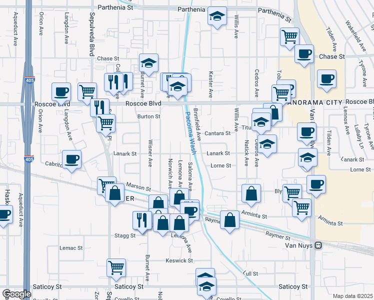 map of restaurants, bars, coffee shops, grocery stores, and more near 14959 Lanark Street in Los Angeles