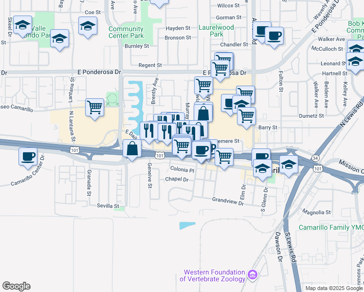 map of restaurants, bars, coffee shops, grocery stores, and more near 1855 East Daily Drive in Camarillo