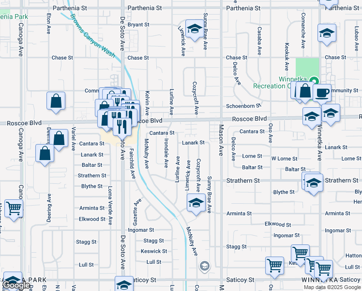 map of restaurants, bars, coffee shops, grocery stores, and more near 8139 Lurline Avenue in Los Angeles