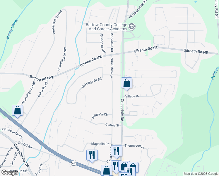 map of restaurants, bars, coffee shops, grocery stores, and more near 226 Green Acre Lane in Cartersville
