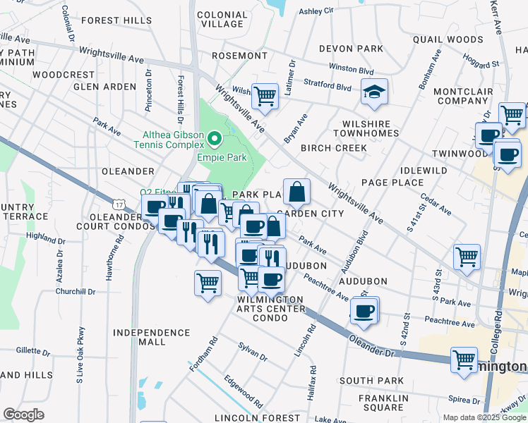 map of restaurants, bars, coffee shops, grocery stores, and more near 3736 Saint Johns Court in Wilmington