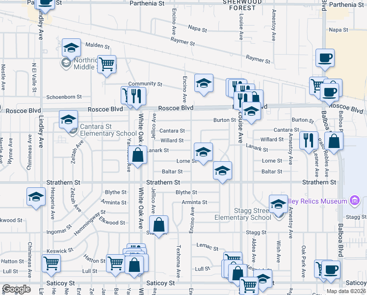 map of restaurants, bars, coffee shops, grocery stores, and more near 17517 Lanark Street in Los Angeles