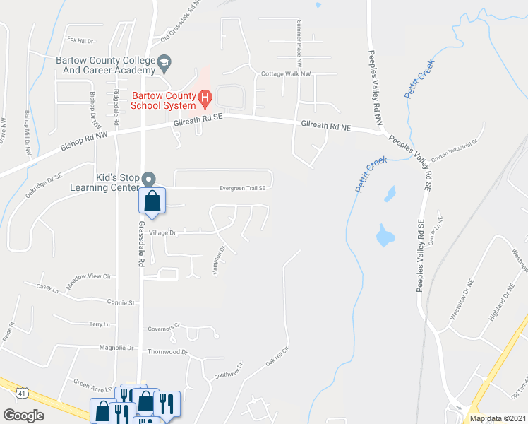 map of restaurants, bars, coffee shops, grocery stores, and more near 122 Benfield Circle in Cartersville