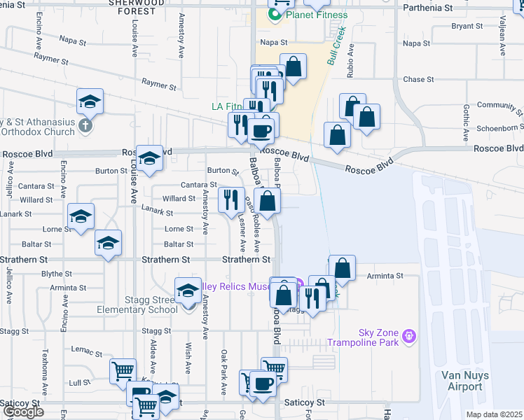 map of restaurants, bars, coffee shops, grocery stores, and more near 16921 Lanark Street in Los Angeles