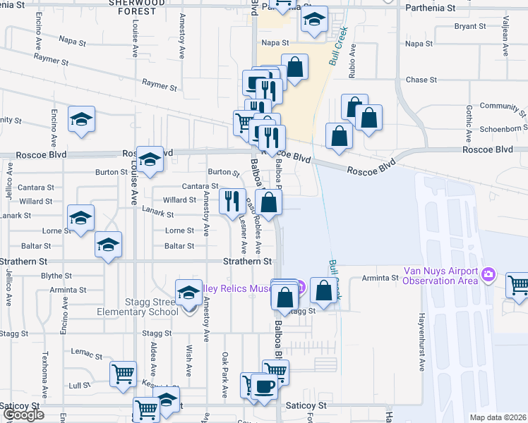 map of restaurants, bars, coffee shops, grocery stores, and more near 16921 Lanark Street in Los Angeles