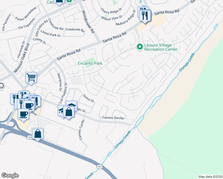 map of restaurants, bars, coffee shops, grocery stores, and more near 17101 Village 17 in Camarillo