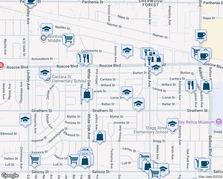 map of restaurants, bars, coffee shops, grocery stores, and more near 17517 Lanark Street in Los Angeles