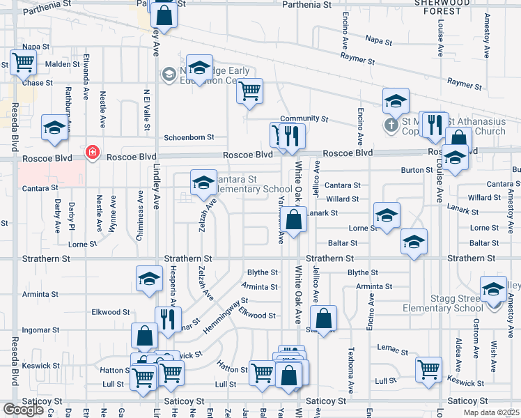 map of restaurants, bars, coffee shops, grocery stores, and more near 17801 Lanark Street in Los Angeles