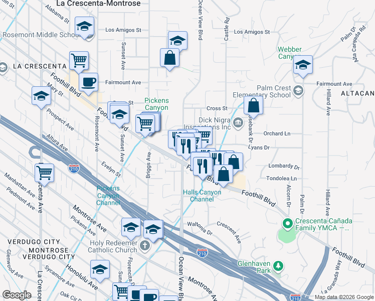 map of restaurants, bars, coffee shops, grocery stores, and more near 4522 Ocean View Boulevard in La Cañada Flintridge