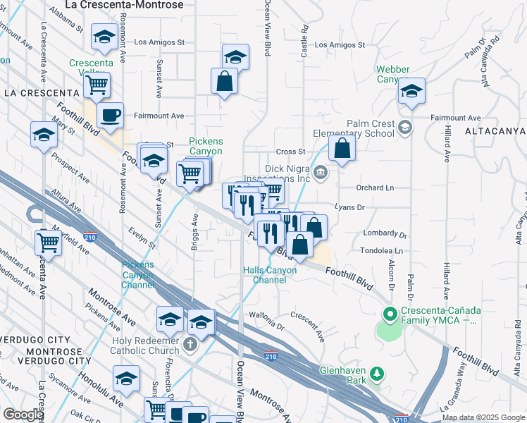 map of restaurants, bars, coffee shops, grocery stores, and more near 4543 Rockland Place in La Cañada Flintridge
