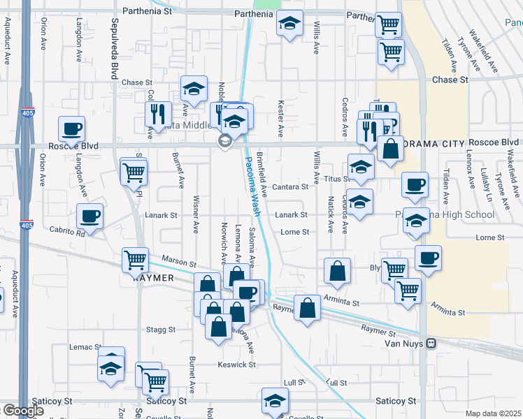 map of restaurants, bars, coffee shops, grocery stores, and more near 14909 Lanark Street in Los Angeles