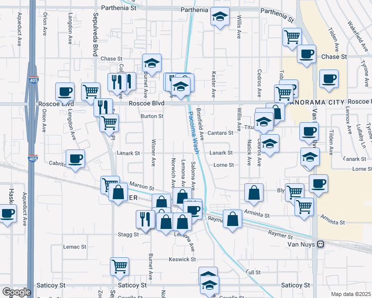 map of restaurants, bars, coffee shops, grocery stores, and more near 14959 Lanark Street in Los Angeles