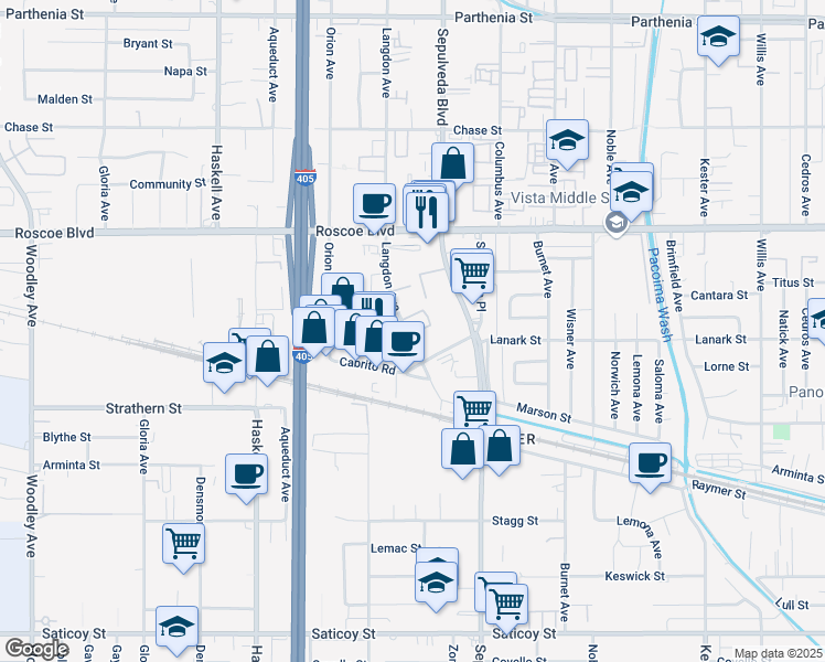 map of restaurants, bars, coffee shops, grocery stores, and more near 8080 Langdon Avenue#6 in Los Angeles