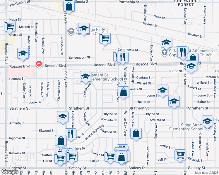map of restaurants, bars, coffee shops, grocery stores, and more near 17801 Lanark Street in Los Angeles