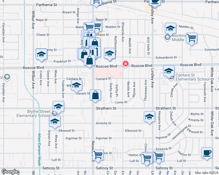 map of restaurants, bars, coffee shops, grocery stores, and more near 8115 Darby Place in Los Angeles