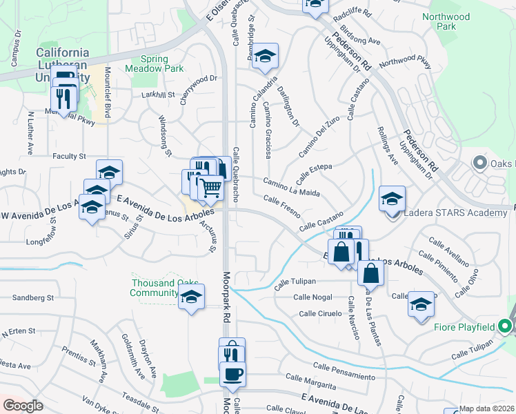 map of restaurants, bars, coffee shops, grocery stores, and more near 665 East Avenida De Los Arboles in Thousand Oaks