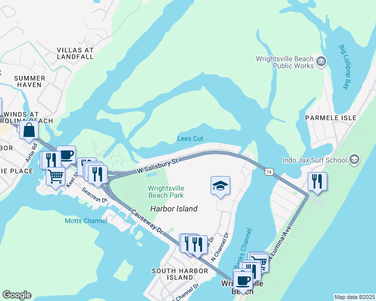 map of restaurants, bars, coffee shops, grocery stores, and more near 40 Pelican Drive in Wrightsville Beach