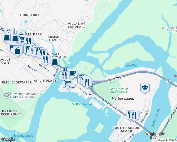 map of restaurants, bars, coffee shops, grocery stores, and more near 145 Driftwood Court in Wrightsville Beach