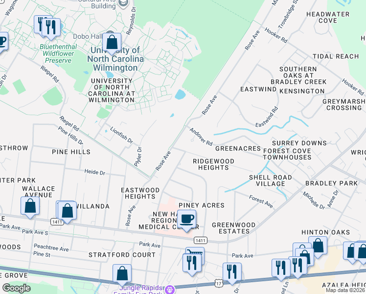 map of restaurants, bars, coffee shops, grocery stores, and more near 5305 Ridgewood Heights Drive in Wilmington