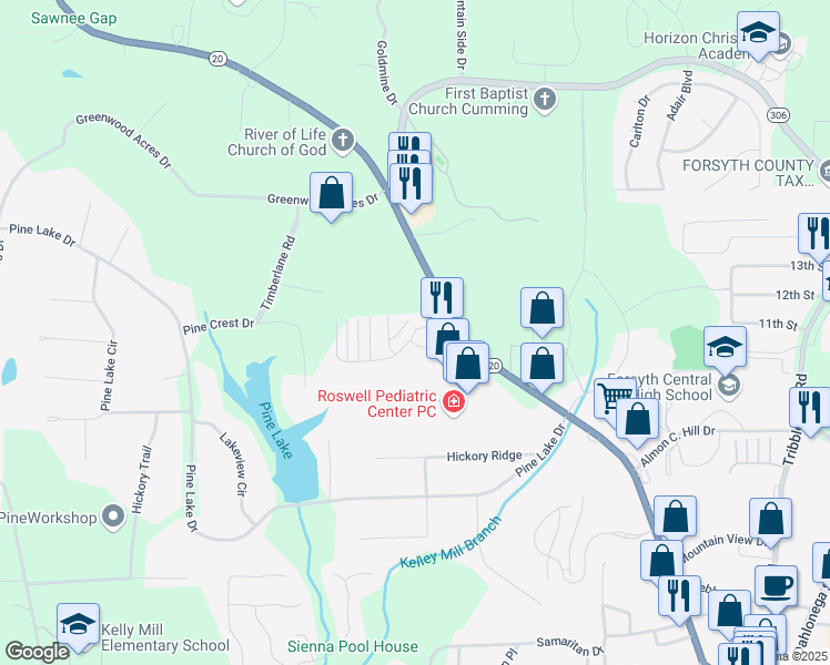 map of restaurants, bars, coffee shops, grocery stores, and more near 593 Sawnee Corners Drive in Cumming