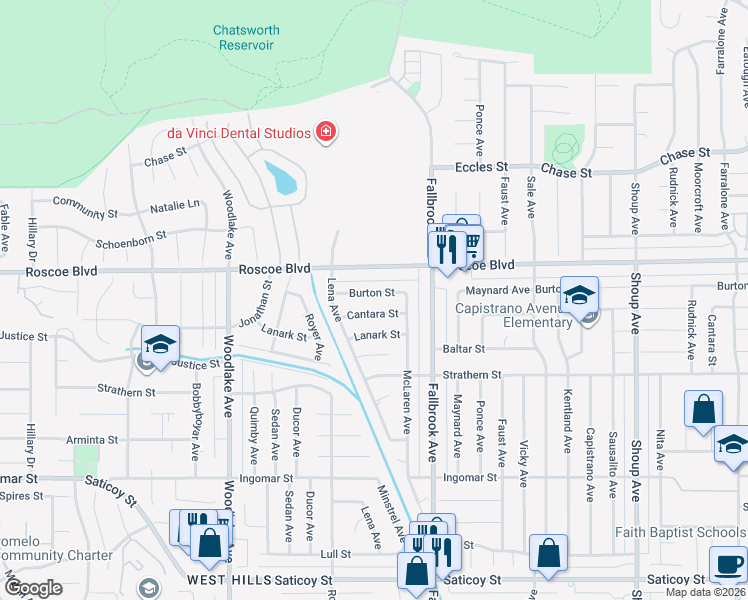 map of restaurants, bars, coffee shops, grocery stores, and more near 22908 Burton Street in Los Angeles