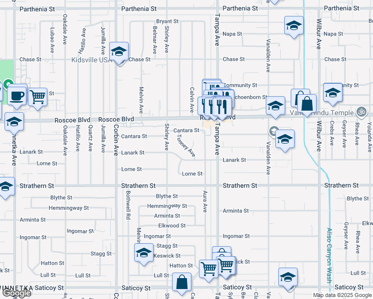 map of restaurants, bars, coffee shops, grocery stores, and more near 19455 Lanark Street in Los Angeles