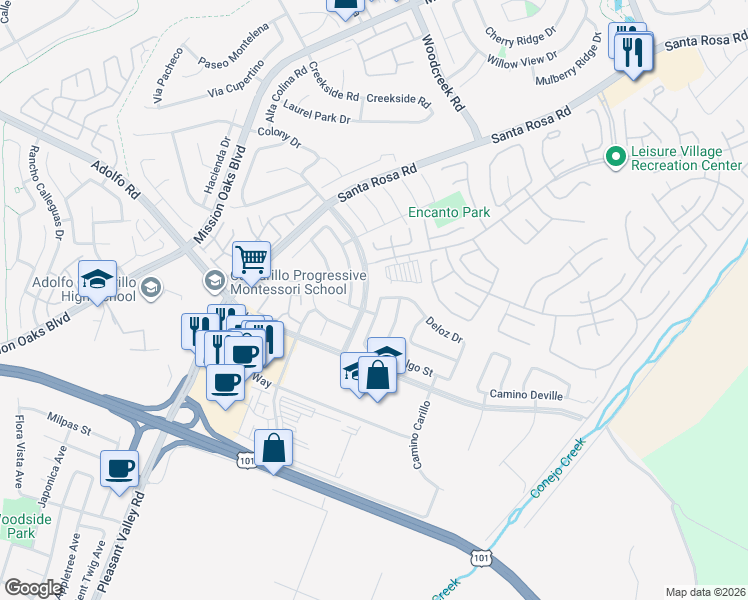 map of restaurants, bars, coffee shops, grocery stores, and more near 196 Mariposa Drive in Camarillo