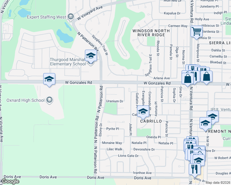 map of restaurants, bars, coffee shops, grocery stores, and more near 2631 Volcano Court in Oxnard