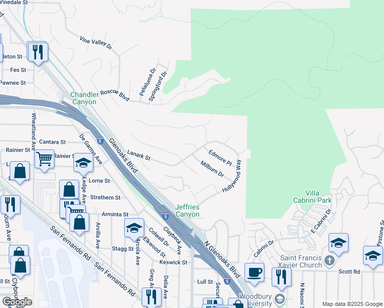 map of restaurants, bars, coffee shops, grocery stores, and more near 9999 Lanark Street in Los Angeles