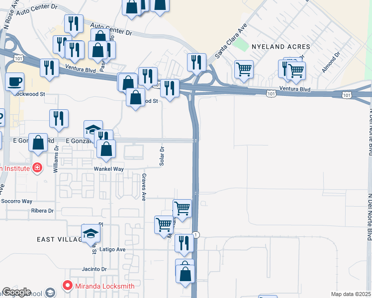 map of restaurants, bars, coffee shops, grocery stores, and more near in Oxnard