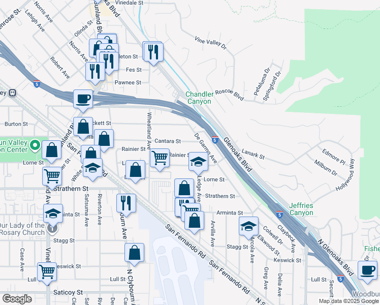map of restaurants, bars, coffee shops, grocery stores, and more near 10425 Rainier Street in Los Angeles