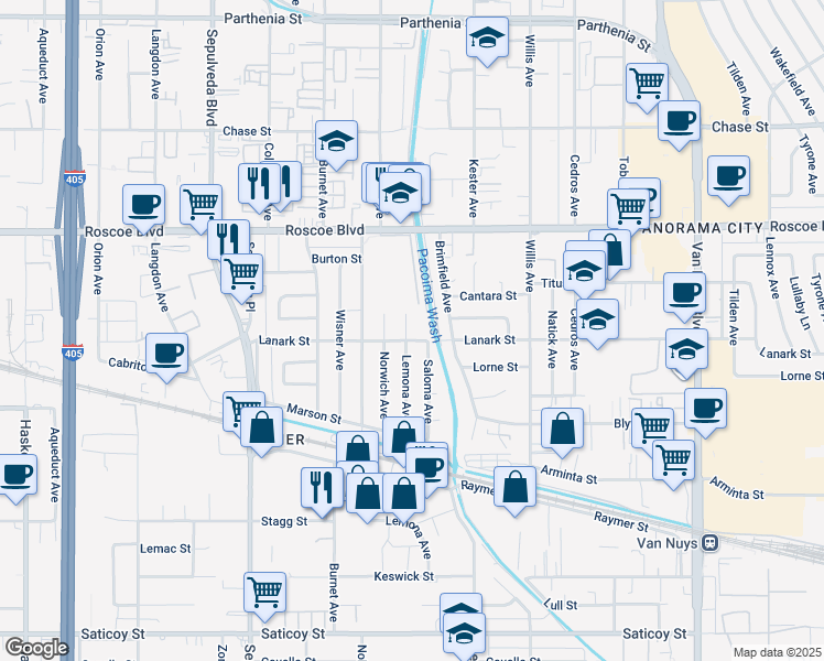 map of restaurants, bars, coffee shops, grocery stores, and more near 8108 Lemona Avenue in Los Angeles