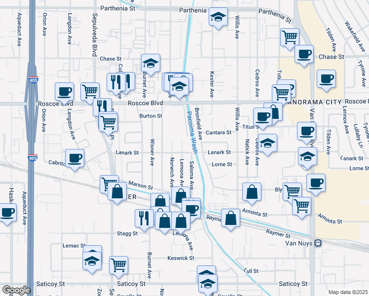 map of restaurants, bars, coffee shops, grocery stores, and more near 8108 Lemona Avenue in Los Angeles