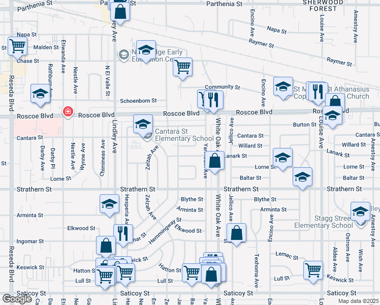 map of restaurants, bars, coffee shops, grocery stores, and more near 17801 Lanark Street in Los Angeles