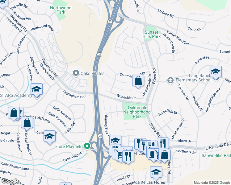 map of restaurants, bars, coffee shops, grocery stores, and more near 1765 Woodside Drive in Thousand Oaks