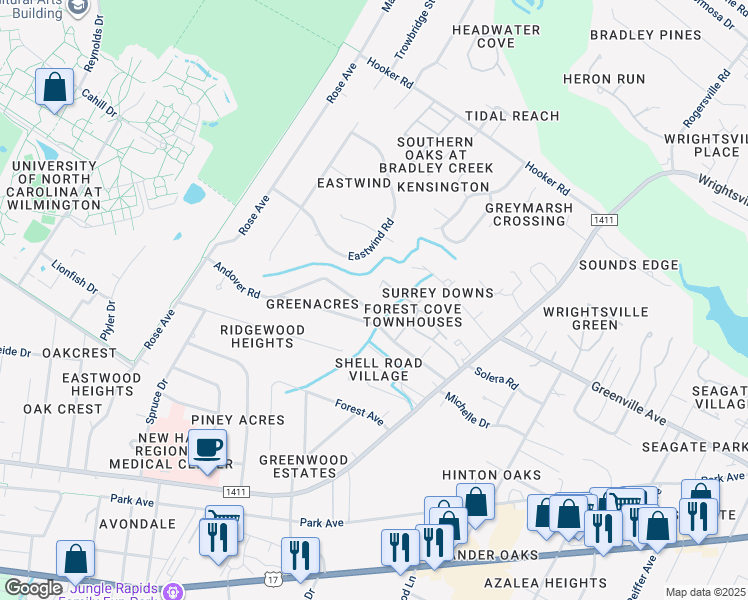 map of restaurants, bars, coffee shops, grocery stores, and more near 5461 Overbrook Road in Wilmington