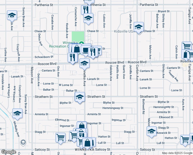 map of restaurants, bars, coffee shops, grocery stores, and more near 20015 Lanark Street in Los Angeles