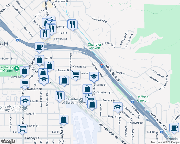 map of restaurants, bars, coffee shops, grocery stores, and more near 10425 Rainier Street in Los Angeles