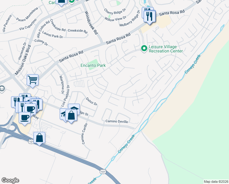 map of restaurants, bars, coffee shops, grocery stores, and more near 17101 Village 17 in Camarillo