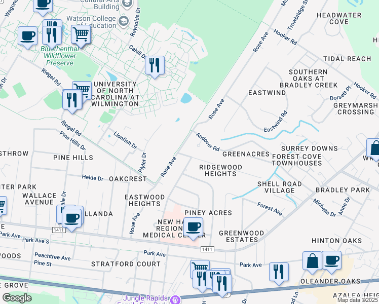 map of restaurants, bars, coffee shops, grocery stores, and more near 5305 Ridgewood Heights Drive in Wilmington