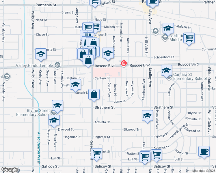 map of restaurants, bars, coffee shops, grocery stores, and more near 8115 Darby Place in Los Angeles
