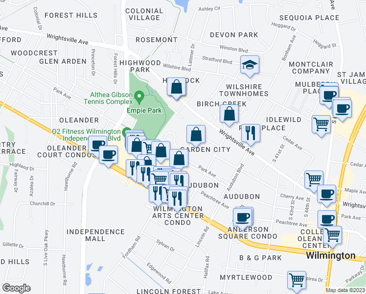 map of restaurants, bars, coffee shops, grocery stores, and more near 3723 Saint Johns Court in Wilmington