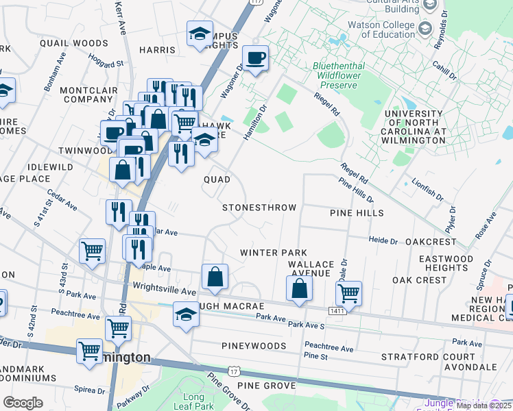 map of restaurants, bars, coffee shops, grocery stores, and more near 4917 Seabrook Court in Wilmington