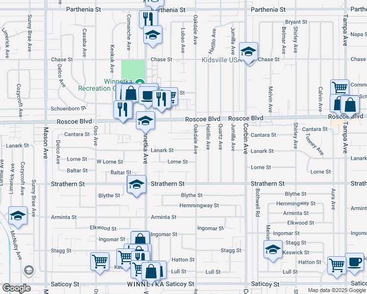 map of restaurants, bars, coffee shops, grocery stores, and more near 19931 Lanark Street in Los Angeles