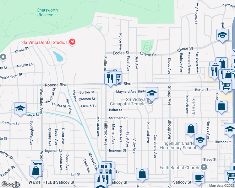 map of restaurants, bars, coffee shops, grocery stores, and more near 22714 Burton Street in Los Angeles