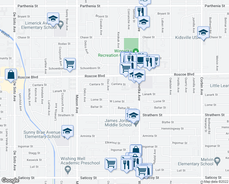 map of restaurants, bars, coffee shops, grocery stores, and more near 20243 Lanark Street in Los Angeles