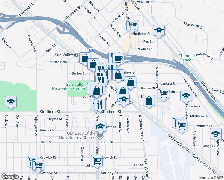 map of restaurants, bars, coffee shops, grocery stores, and more near 8131 San Fernando Road in Los Angeles