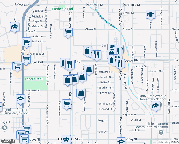 map of restaurants, bars, coffee shops, grocery stores, and more near 21218 Roscoe Boulevard in Los Angeles