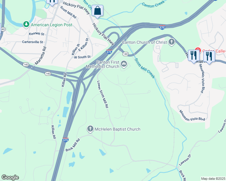 map of restaurants, bars, coffee shops, grocery stores, and more near 528 Lower Scott Mill Road in Canton