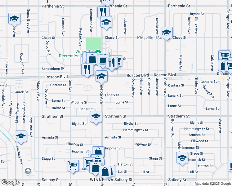 map of restaurants, bars, coffee shops, grocery stores, and more near 20015 Lanark Street in Los Angeles